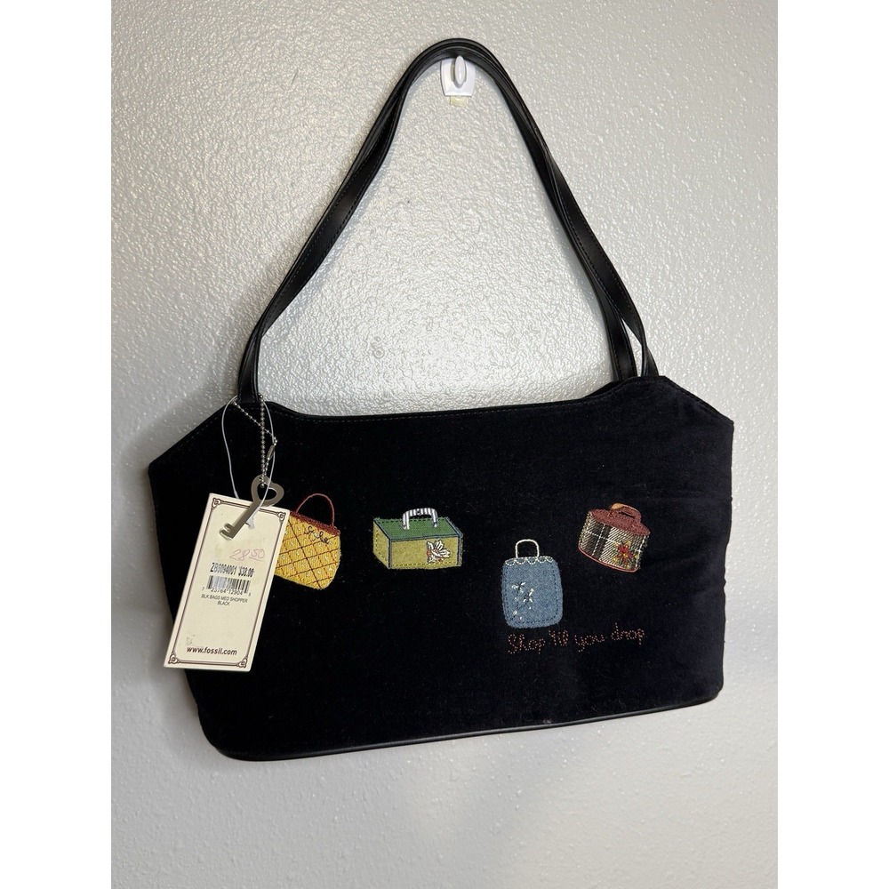 Vintage Forever Fossil Shoulder Purse "Shop Til You Drop" Black Velvet‎ NOS
